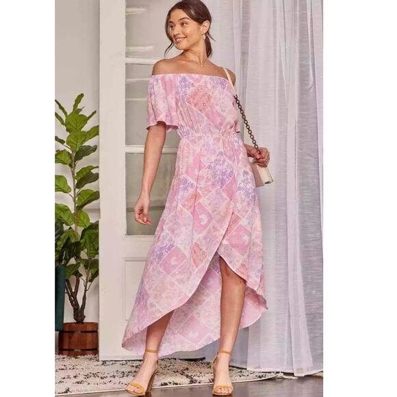 EMILY WONDER NWT Off-Shoulder Pink Patchwork Midi Dress, Women's Size Large - Picture 5 of 13